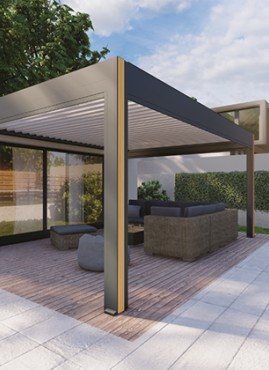 Pergola bioclimatique de la marque Piscines Ibiza, protection solaire pour profiter de son jardin et de sa terrasse extérieure.